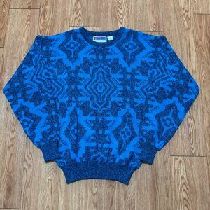 Vintage 90s Geometric Pattern Blue Grandpa‎ Sweater